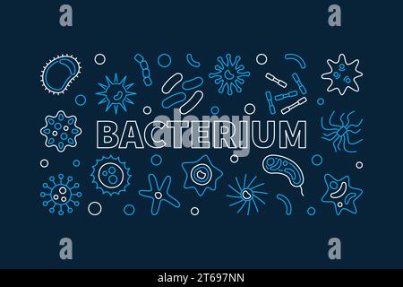 Kreatives horizontales Bacterium-Banner. Blaue Illustration der Vektor-Mikrobiologie mit Bakterienkonzept Kontursymbole auf dunklem Hintergrund Stock Vektor