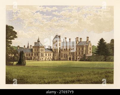 Walton Hall, Warwickshire, England. Villa im gotischen Stil, erbaut vom Architekten Sir George Gilbert Scott für den Besitzer Sir Charles Mordaunt, 10. Baronet, im Jahr 1858. Farbholzblock von Benjamin Fawcett im Baxter-Prozess einer Illustration von Alexander Francis Lydon von Reverend Francis Orpen Morriss malerische Ansichten der Sitze von Adligen und Herren von Großbritannien und Irland, William Mackenzie, London, 1880. Stockfoto