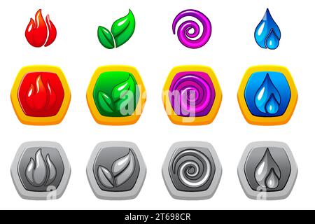 Die vier Elemente der Natur - Feuer, Luft, Erde und Wasser in verschiedenen Varianten und Farben. Set von Symbolen für das Spiel Stock Vektor