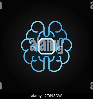 Menschliches Gehirn mit blauem linearen Chip-Vektor-Symbol. KI Cyberbrain Konzept Umrisssymbol oder Logo-Element auf dunklem Hintergrund Stock Vektor