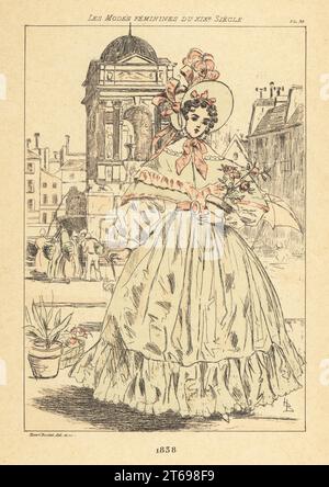 Eine modische Dame, die vor der fontaine des Nymphes eine Topfpflanze hält. In der Motorhaube, Kleid mit Spitzenkragen, Capelet, Bändern und Volants. Der Brunnen der Nymphen wurde 1549 von Pierre Lescot erbaut (heute Fontaine des Innocent, Marche des Innocents). Handkolorierte Trockenspitze oder pointe-seche-Ätzung von Henri Boutet aus Les Modes Feminines du XIXeme Siecle (feminine Fashions des 19. Jahrhunderts), Ernest Flammarion, Paris, 1902. Boutet (1851–1919) war ein französischer Künstler, Kupferstecher, Lithograf und Designer. Stockfoto