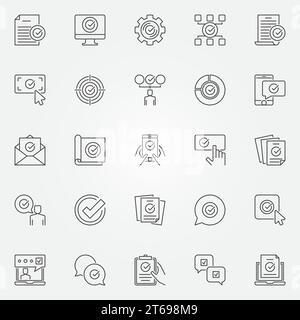 Symbolsatz genehmigen. Vektorkreuz, akzeptierte, verifizierte, genehmigte und genehmigte Symbole oder Designelemente in dünner Linienart Stock Vektor