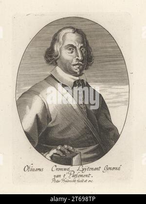 Ovales Porträt von Oliver Cromwell, 1599–1658, Parlamentsführer im Englischen Bürgerkrieg, Lord Protector. Im Mantel, mit einer Bibel. Olivarus Cromwel Luytenant Generael van t' Parlement. Originalplatte von Peter Huybrechts. Kupferstich aus der Samuel Woodburns Gallery mit seltenen Porträts bestehend aus Original Plates, George Jones, 102 St Martins Lane, London, 1816. Stockfoto