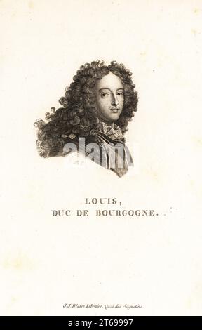 Louis, Herzog von Burgund, 1682-1712. Petit Dauphin, ältester Sohn von Ludwig, Grand Dauphin, und Dauphine Maria Anna, Enkel von König Ludwig XIV Louis, Herzog von Bourgogne. Kupferstich von D nach Joseph Vivien aus Marie de Rabutin-Chantal Sevignes Collection des Vingt Portraits du Siecle de Louis XIV, Sammlung von 20 Porträts des Jahrhunderts von König Ludwig XIV, J.J. Blaise, Libraire, Quai des Augustins, Paris, 1818. Stockfoto