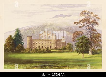 Inverary Castle, Argyll, Schottland. Burg im neugotischen Stil mit Zinnen und runden Türmen, erbaut 1743 von William Adam und Roger Morris, mit neoklassizistischen Räumen von Robert Mylne für John Campbell, 5. Duke of Argyll. Farbholzblock von Benjamin Fawcett im Baxter-Prozess einer Illustration von Alexander Francis Lydon von Reverend Francis Orpen Morriss malerische Ansichten der Sitze von Adligen und Herren von Großbritannien und Irland, William Mackenzie, London, 1880. Stockfoto