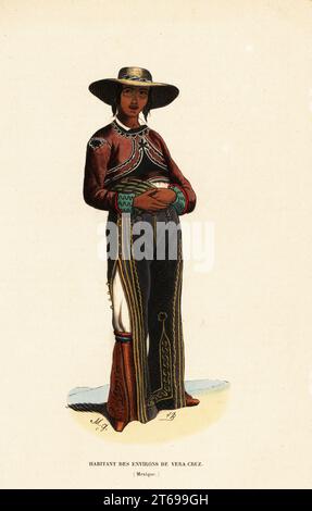 Aus der Region Heroica Veracruz, Mexiko. Er trägt einen Hut mit breiter Krempe, Charro-Outfit aus Bolero-Jacke, Chaps, Hose und Stiefeln. Habitant des Environs de Vera-Cruz, Mexique. Handkolorierter Holzschnitt von MG und Lisbet aus Auguste Wahlen's Moeurs, Usages et Costumes de tous les Peuples du Monde, (Manners, Customs and Costumes of all the People of the World) Librairie Historique-Artistique, Brüssel, 1845. Wahlen war das Pseudonym von Jean-Francois-Nicolas Loumyer (1801-1875), einem Schriftsteller und Archivar bei der Wappentier-Abteilung von Belgien. Stockfoto