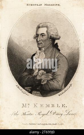 John Philip Kemble (1757-1823), englischer Schauspieler-Manager an den Theatern Drury Lane und Covent Garden. Sohn von Roger Kemble, Schauspieler-Manager einer Tourentruppe. In Warteschlange Perücke, Jacke und Hemd mit Rüschen Spitzenkragen und Manschetten. Ovaler Porträt Kupferstich nach einem Gemälde von Sylvester Harding, gestochen von William Nelson Gardiner, veröffentlicht im European Magazine, J. Sewell, Cornhill, London, 1797. Stockfoto