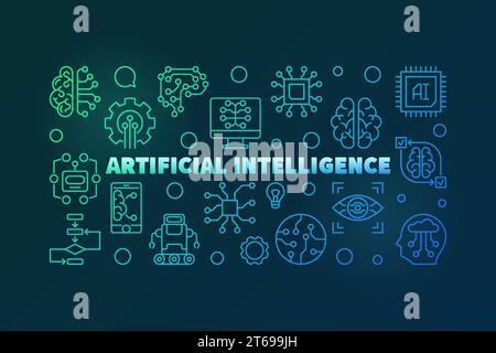Künstliche Intelligenz farbenfrohe horizontale Umrissdarstellung. KI-Technologie-Vektorbanner in Linienart auf dunklem Hintergrund Stock Vektor