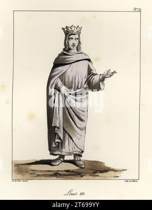 Statue von Ludwig III. (863-882), König von West-Francia, ältester Sohn von König Ludwig II. Und Avantgarde von Burgund, getönte Lithographie von Villain nach einer Illustration von Horace de viel-Castel aus seiner Sammlung des costumes, armes et meubles pour servir à l'histoire de la France (Sammlung von Kostümen, Waffen und Möbel für die Geschichte Frankreichs), Treuttel & Wurtz, Bossange, 1827. Stockfoto