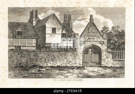 Ein merkwürdiges jakobisches Backsteintor zu einem Haus aus dem Jahr 1599 in der Nähe von Bromley, Kent. John Gun lizensiert, um Post Horses, 1599. Kupferstich gezeichnet und gestochen von James Peller Malcolm aus seinen Anekdoten der Manners and Customs of London im 18. Jahrhundert, Longman, Hurst, London, 1808. Malcolm (1767-1815) war ein amerikanisch-englischer Topograph und Kupferstecher, Fellow der Society of Antiquaries. Stockfoto