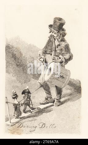 Italienischer Straßenkünstler, London, Regency-Ära. Straßenunterhalter, der Flöte und Trommel spielt, um zwei Puppen tanzen zu lassen, Puppen an ein Brett gebunden und vom Knie des Jungen bedient. In Zylinderhut, Mantel, Hose und Schuhen. Tanzende Puppen. Gezeichnet aus dem Leben eines Jungen aus Lucca, Toskana. Kupferstich gezeichnet und gestochen von John Thomas Smith aus seinem eigenen The Cries of London, oder Vagabondiana 2, herausgegeben von Francis Douce, John Bowyer Nichols, London, 1839. Stockfoto