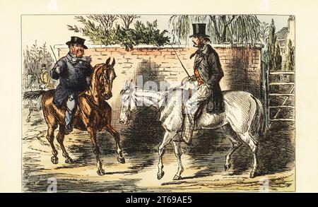 Ein englischer Gentleman auf einem alten Nag, der von einem Mann auf einem Lorbeerpferd abgelehnt wurde. Herr Jack Bunting lehnte ab. Handkolorierter Stahlstich nach einer Illustration von John Leech von Robert Smith Surtees Plain or Ringlets?, Bradbury and Evans London, 1860. Leech (1817–1864) war ein englischer Karikaturist und Illustrator, der vor allem für seine Arbeit für das Magazin Punch bekannt war. Stockfoto