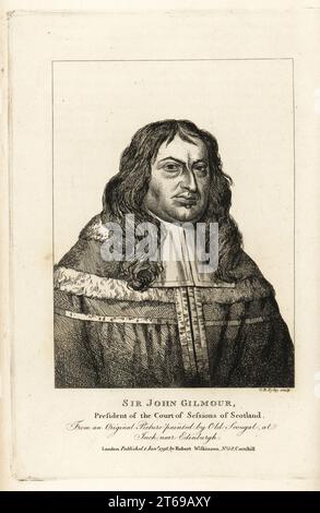 Sir John Gilmour von Craigmillar, schottischer Richter und Politiker, 1605-1671. Präsident des Court of Sessions von Schottland. Von einem Originalbild, das Old Scougal (David Scougall oder John Scougal) in Inch, nahe Edinburgh gemalt hat. Kupferstich von Charles Reuben Ryley aus John Smiths Iconographia Scotica oder Porträts berühmter Personen Schottlands, Robert Wilkinson, 58 Cornhill, London, 1798. Stockfoto