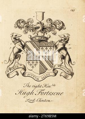 Wappen der Rechten, ehrenwerter Hugh Fortescue, 1. Earl Clinton, Lord Clinton, 14. Baron Clinton, 16961751, von Castle Hill. Kupferstich von Andrew Johnston nach C. Gardiner aus Notitia Anglicana, Shewing the Achievement of all the English Ability, Andrew Johnson, The Strand, London, 1724. Stockfoto