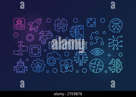 Farbenfrohe Illustration des zukünftigen Vektors in dünner Linie. Horizontales Banner FÜR KI und Innovationskonzept auf dunklem Hintergrund Stock Vektor