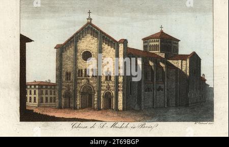 Blick auf die Basilika San Michele Maggiore, Pavia, 1800er Jahre Chiesa di S. Michele in Pavia. Handkolorierter Kupferstich von Pietro Giarre von Giulio Ferrarios Kostüme Alte und Moderne der Völker der Welt, Il Kostüm Antico e Moderno, Florenz, 1844. Stockfoto