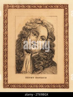 Porträt von Hendrik Hondius, 1573–1650, gebürtiger flämischer Stecher, Drucker, Zeichner und Verleger, der sich in der niederländischen Republik niedergelassen hat. Henry Hondius. Getönte Ätzung innerhalb einer dekorativen Grenze von John Girtin aus John Girtins fünfundsiebzig Porträts berühmter Maler aus Authentic Originals, J. MCreery, London, 1817. Stockfoto