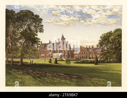 Bagshot Park, Surrey, England. Königliche Residenz im gotischen Stil von Tudor aus rotem Backstein, erbaut 1879. Hauptwohnsitz von Prinz Arthur, Herzog von Connaught und Strathearn. Farbholzblock von Benjamin Fawcett im Baxter-Prozess einer Illustration von Alexander Francis Lydon von Reverend Francis Orpen Morriss malerische Ansichten der Sitze von Adligen und Herren von Großbritannien und Irland, William Mackenzie, London, 1880. Stockfoto