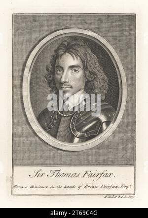 Sir Thomas Fairfax, Parlamentarischer General, 1612-1671. Sieger in den Schlachten von Selby und Naseby, Kommandeur der New Model Army. Ovales Porträt in Kragen und Rüstung. Aus einer Miniatur in den Händen von Brian Fairfax, graviert von James Hulett. Kupferstich aus der Samuel Woodburns Gallery mit seltenen Porträts bestehend aus Original Plates, George Jones, 102 St Martins Lane, London, 1816. Stockfoto