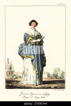 Junge Französin in lässigem Kleid, Herrschaft von König Ludwig XIII. Kleid mit goldenem Saum, großem Spitzenkragen, geschnürtem Oberteil, weißem Unterrock, Almosenbeutel. Jeune Dame en Neglige. Regne de Louis XIII Handkolorierte Lithographie von Lorenzo Bianchi und Domenico Cuciniello nach Hippolyte Lecomte aus Costumi civili e militari della monarchia francese dal 1200 al 1820, Neapel, 1825. Italienische Ausgabe der Lecomtes Zivil- und Militärkostüme der französischen Monarchie von 1200 bis 1820. Stockfoto