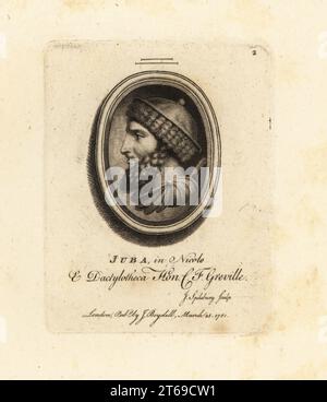 Porträt im Profil von König Juba I. von Numidien, um 8546 v. Chr. Juba in Nicolo und Dactylotheca. Aus der Sammlung des Antiquariats Charles Francis Greville. Mezzotint Kupferstich von John Spilsbury aus seiner Sammlung von fünfzig Drucken aus Antique Gems, John Boydell, London, 1785. Stockfoto