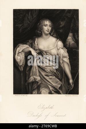 Porträt von Lady Elizabeth Seymour, Herzogin von Somerset, früher Elizabeth Percy, Erbin und Freundin von Königin Anne, 1667–1722. Stahlstich von J. Thomson nach einem Porträt von Sir Peter Lely von Mrs Anna Jamesons Memoirs of the Beauties of the Court of King Charles the Second, Henry Coburn, London, 1838. Stockfoto