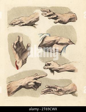 Figuren von männlichen Fingern, Händen, Gesten aus Gemälden alter Meister in einem Kunstlehrbuch aus dem 18. Jahrhundert. Handkolorierter Kupferstich von Robert Sayers The Artists Vade Mecum, Being the Whole Art of Drawing, London, 1766. Stockfoto