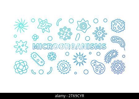 Hellblaues horizontales Banner für Mikroorganismen. Vektor-Mikrobiologie-Umrissillustration mit Bakterien- und Pathogenkonzept-Symbolen auf weißem Hintergrund Stock Vektor