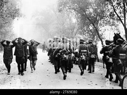 Während deutsche Infanteristen weiter ins Landesinnere marschieren, werden die ersten Gefangenen der Roten Armee in die hinteren Montagelager gebracht. Foto: Cusisch [automatisierte Übersetzung] Stockfoto