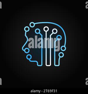 Leiterplatte menschlicher Kopf mit blauem Symbol des Hirnvektors oder Designelement in Linienart auf dunklem Hintergrund Stock Vektor
