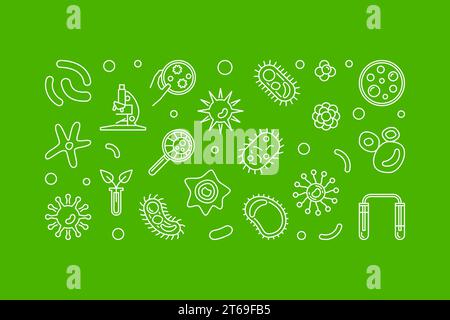 Horizontale Illustration des Mikrobiologie-Vektors mit Mikroskop, Mikroben und Viren umreißen Konzeptsymbole auf grünem Hintergrund Stock Vektor