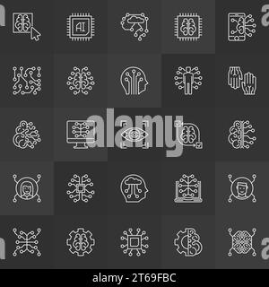 KI- oder künstliche Intelligenz-Vektor umrahmt Symbole oder Logoelemente auf dunklem Hintergrund Stock Vektor