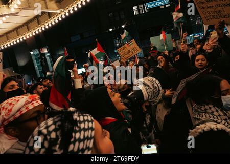 Manhattan, USA. November 2023. Hunderte Demonstranten versammeln sich vor dem Grand Central Terminal in Midtown, Manhattan, NY, um am Mittwoch, den 8. November 2023, einen Waffenstillstand in Gaza zu fordern. Der Gazastreifen wurde von den israelischen Verteidigungskräften ständig bombardiert, nachdem die militante Gruppe der Hamas am 7. Oktober 2023 schätzungsweise 1.400 Menschen in Israel getötet hatte. (Foto: Cristina Matuozzi/SIPA USA) Credit: SIPA USA/Alamy Live News Stockfoto