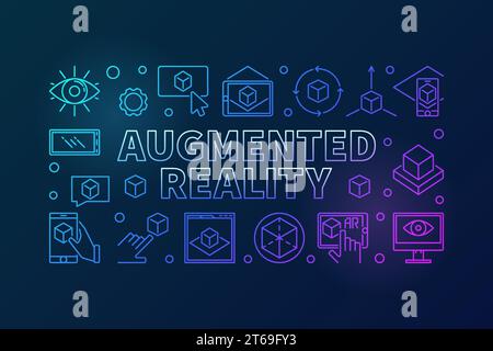 Farbige horizontale Illustration oder Banner mit linearen AR-Symbolen auf dunklem Hintergrund mit Augmented-Reality-Vektor Stock Vektor
