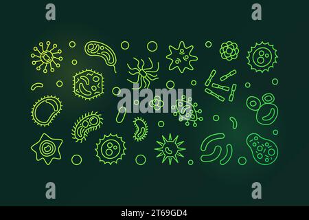 Grünes horizontales Banner für Viren. Vektorvirus- oder Infektionskonzept-Illustration in dünner Linie auf dunklem Hintergrund Stock Vektor