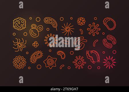 Kreatives horizontales lineares Banner für Virologie. Vektor-Mikrobiologie Bunte Illustration mit Mikroben und Viren umreißen Symbole auf dunklem Hintergrund Stock Vektor