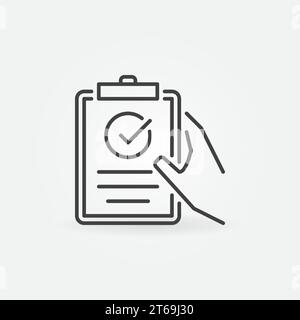 Zwischenablage mit Häkchen in Hand lineares Symbol. Vektor-Checkliste Konzeptschild oder Logo in dünner Linie Stock Vektor