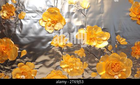 Nahaufnahme von gelben Blumen auf einem glänzenden silbernen Stoffhintergrund Stockfoto