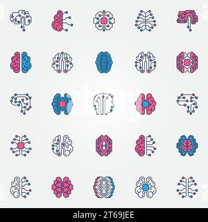 Farbige Symbole für das digitale Gehirn – Vektor-KI Smart Brain Creative Signs oder Logoelemente. Konzeptsymbole der künstlichen Intelligenz Stock Vektor
