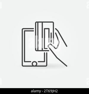 Hand mit Kreditkarten- und Smartphone-Symbol. Vector Online Pay Gliederung Konzeptzeichen Stock Vektor