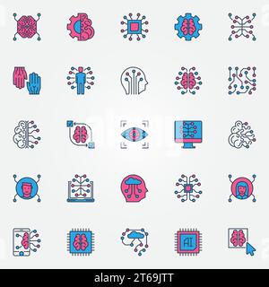Künstliche Intelligenz farbige Symbole – KI-Technologie und Cyberbrain moderne kreative Zeichen oder Logoelemente Stock Vektor