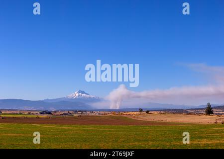 Eine kontrollierte Verbrennung ist in der Entfernung von der Autobahn 26 mit Mt. Hood im Hintergrund im Osten von Oregon, USA Stockfoto