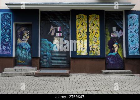 Warschau, Polen - 5. August 2023. Straßenkunst an der Wand in Warschau, der Hauptstadt Polens. Stockfoto