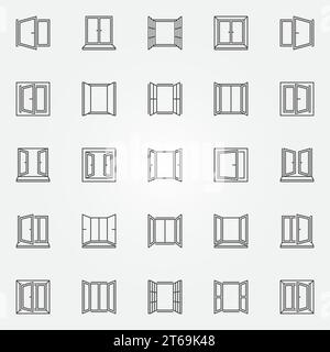 Symbolsatz für Fensterumrisse. Vektorfenster Konzeptsymbole oder Entwurfselemente in dünner Linienart Stock Vektor