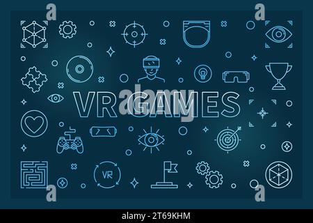 Blaue Umrissdarstellung des Konzepts von VR Games. Vector Virtual Reality Games kreatives Banner auf dunklem Hintergrund Stock Vektor