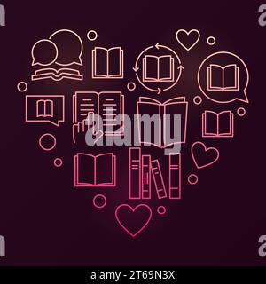 Bücher Herzvektor Bunte Lese- und Bildungskonzept lineare Illustration auf dunklem Hintergrund Stock Vektor