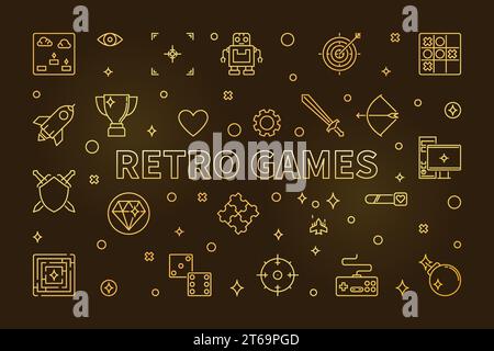 Goldenes Banner oder Illustration in dünner Linie auf dunklem Hintergrund im Vektorkonzept von Retro Games Stock Vektor