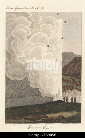 Blick auf den Neuen Geysir auf Island, 1811. Schottische Wissenschaftler in der Nähe von Wasser- und Dampfsäulen, die aus dem Boden ausbrechen. Kopiert von einer Illustration des schottischen Geologen Sir George Steuart Mackenzie in seinen Reisen auf der Insel Island, 1811. Handkolorierter Kupferstich aus Carl Bertuchs Bilderbuch fur Kinder, Weimar, 1815. Eine 12-bändige Enzyklopädie für Kinder, illustriert mit fast 1.200 gravierten Platten über Naturgeschichte, Wissenschaft, Kostüm, Mythologie usw., veröffentlicht von 1790-1830. Stockfoto