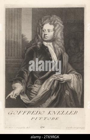 Sir Godfrey Kneller, Baronet 1., geboren Gottfried Kniller in Lübeck, Deutschland, 1646-1723. Der führende Porträtmaler Englands im späten 17. Und frühen 18. Jahrhundert. Er trägt eine Goldkette mit einem Porträtmedaillon von König Wilhelm III Goffredo Kneller, Pittore. Kupferplatten-Gravur von Carlo Gregori nach Giovanni Domenico Campiglia nach einem Selbstporträt des Künstlers aus Francesco Moucke's Museo Florentino (Museum Florentinum), Serie di Ritratti de Pittori (Serie von Porträts der Maler) stamperia Mouckiana, Florenz, 1752-62. Stockfoto