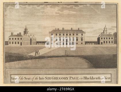 Wricklemarsh House, Kent, 1784. Blick auf den Sitz des verstorbenen Sir Gregory Page auf Blackheath in Kent. Großes Haus aus dem 18. Jahrhundert mit geschwungener Doppeltreppe, Teich im Landschaftsgarten im Vordergrund. Erbaut in den 1720er Jahren für 100.000 Pfund, nie benutzt, erbte Sir Gregory Page-Turner 1783, der es bis 1803 abriss. Kupferstich aus George Walpoole's New and Complete British Traveller, London, 1784. Stockfoto